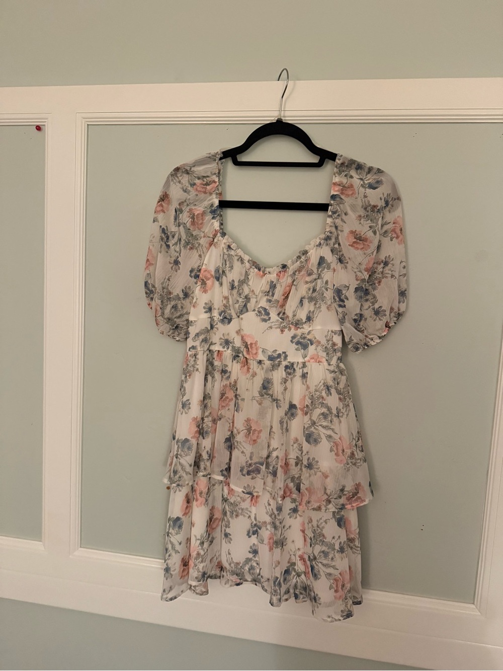 Altar'd State White Floral Tiered Mini Dress with Pink & Blue Blossoms